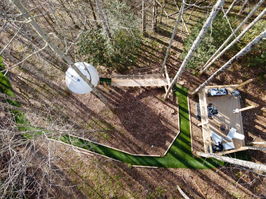 Aerial view of the cocoon, walkway, and deck.