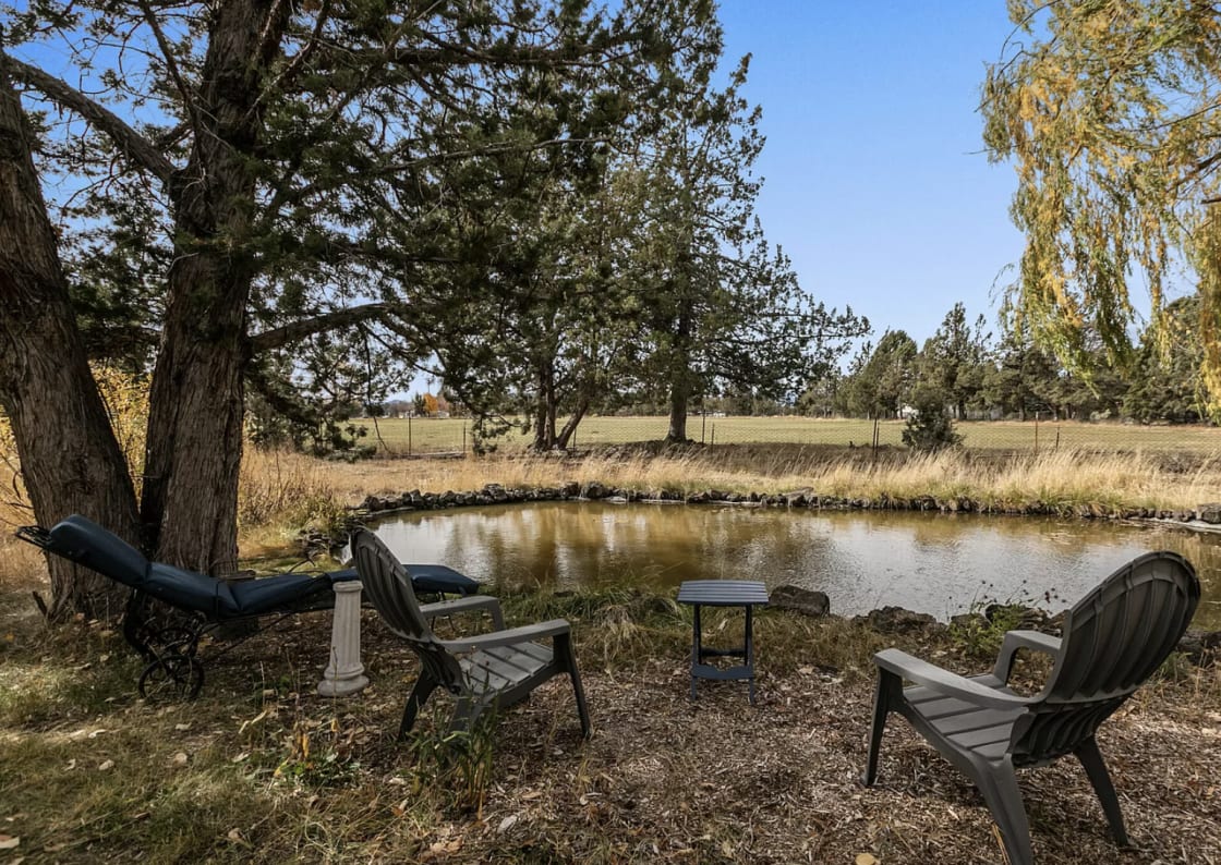 Relax by the pond with some peekaboo mountain views