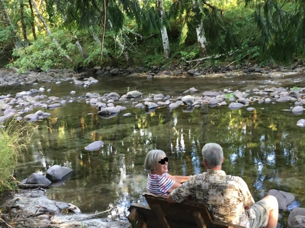 this stream-side love seat is available for your water gazing