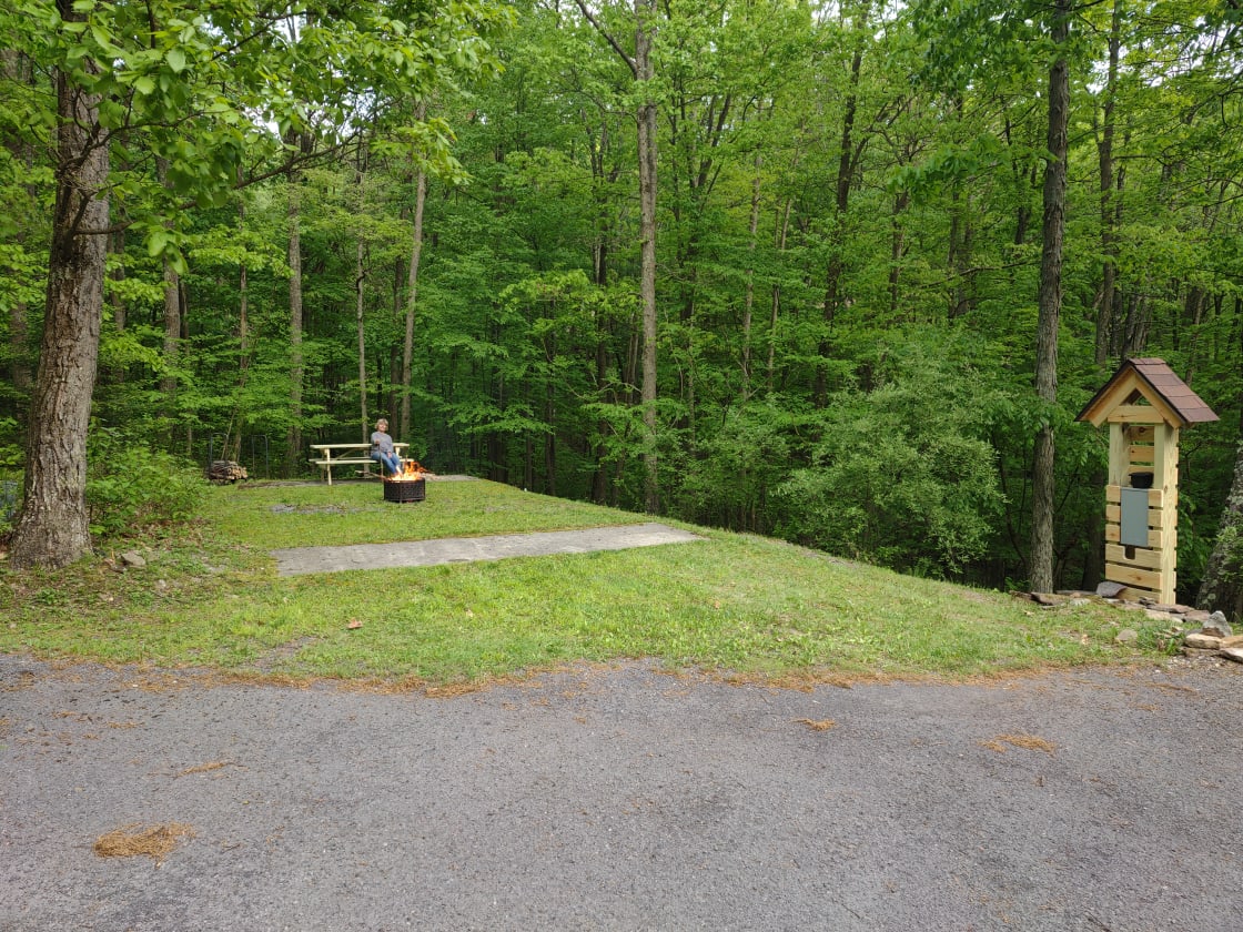 Nice level campsite with 20, 30, 50 amp electric pedestal, fire ring, picnic table.  Firewood $5/bundle when available.  