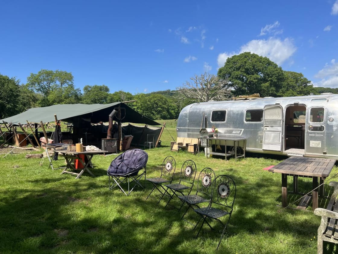 Our chill out communal lodge and airstream, guests can read, listen to the radio and cook with the gas bbq, 