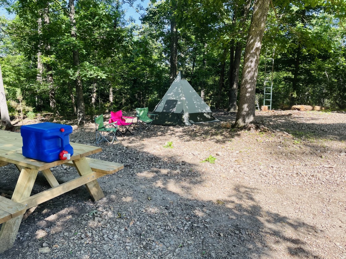 Campsite #2 is has plenty of space for a larger party. Tent and hammocks available to rent.
