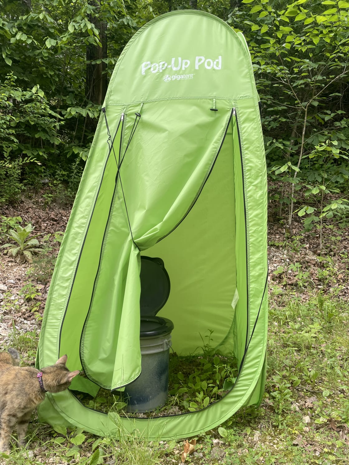 Privacy tent with bucket and toilet seat. Please use appropriately, and pack it out at the end of your stay. 