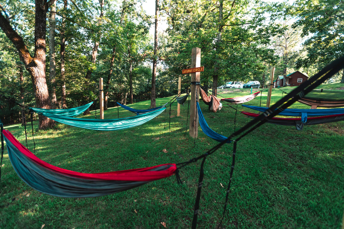 Hammock Circle camping with fire  pit. Hammocks not included.