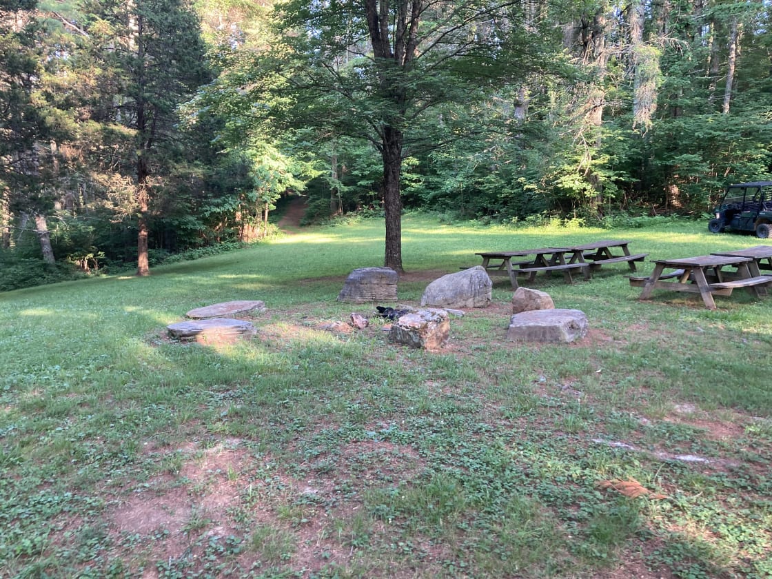 Rock fire pit in center near shade tree and picnic tables in Easter egg meadow 