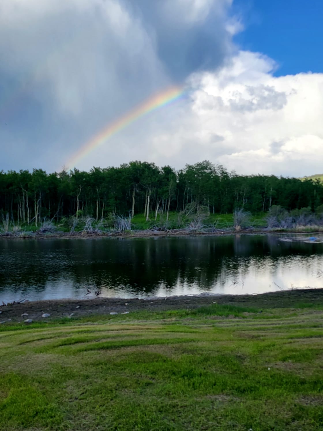 Pond and  main lawn, features Bon Fire and Picnic area.  A beautiful Rainbow just after a cool late afternoon rain.