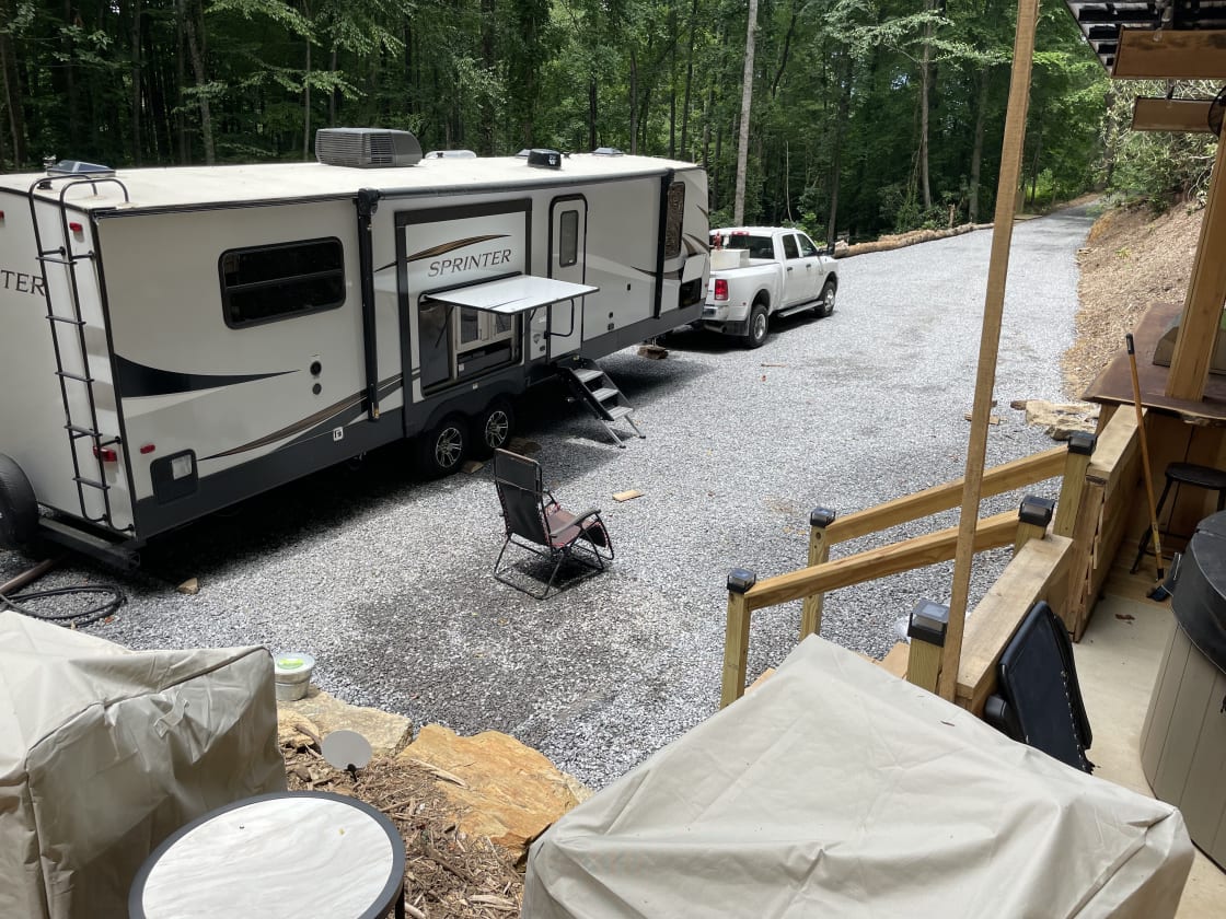 40' camper trailer and full size truck. Wanting to camp with a friend? There is room for 2 campers!