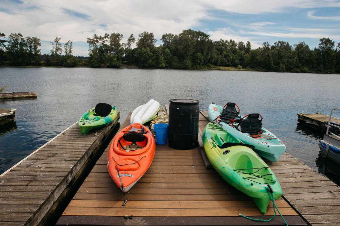 Some of the kayaks we were able to use during our stay! There are life jackets available, in both adult and children sizes.