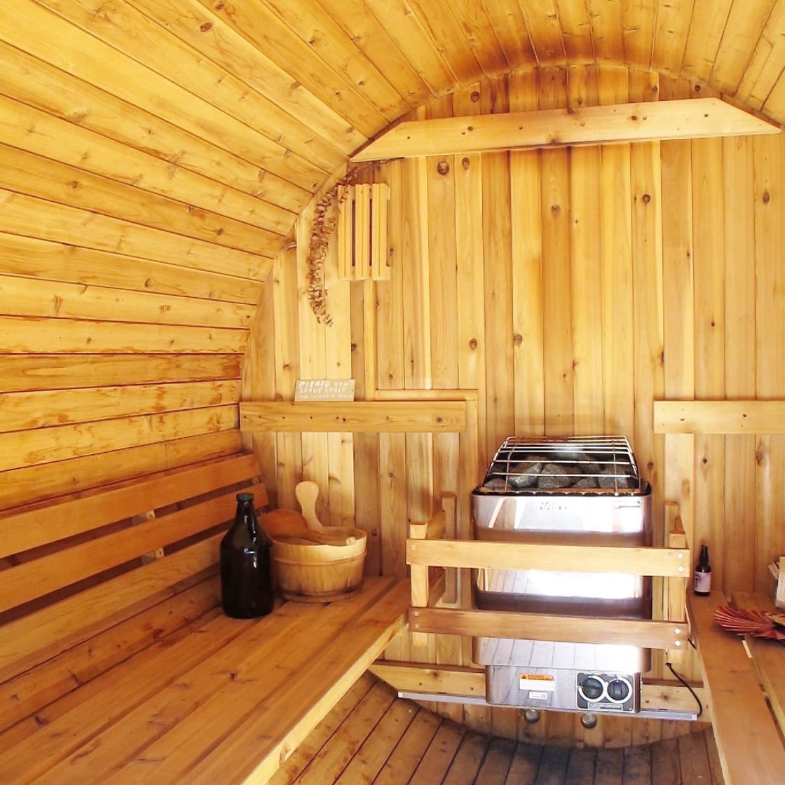 8 foot dry barrel sauna. (slowly add water to rocks for steam!)