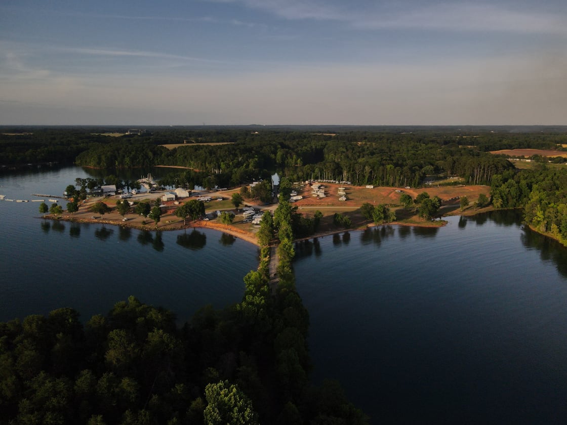 Aerial view of Big Water Marina & Campground from attached island