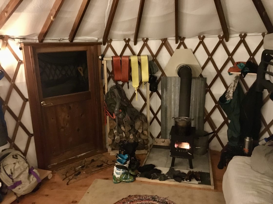 Post-ski warm-up in the yurt