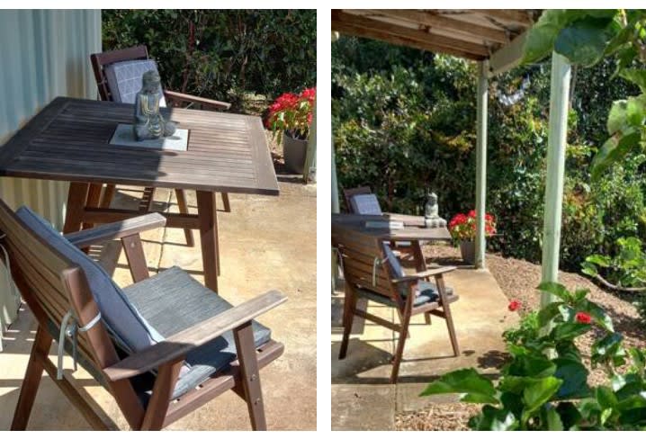 Outdoor dining on a small patio with herb gardens and orchard. Outdoor solar lighting. 