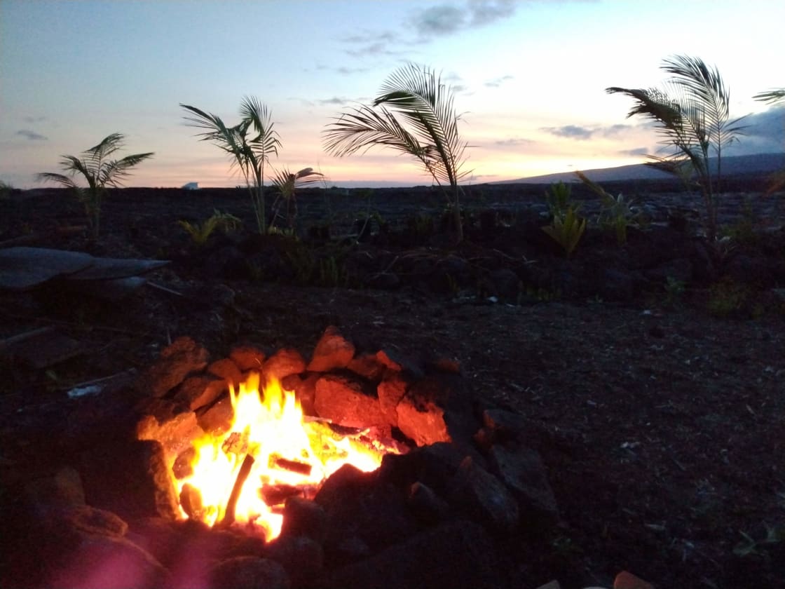 Fire circle at night, view southwest across the Kilauea lava flow
