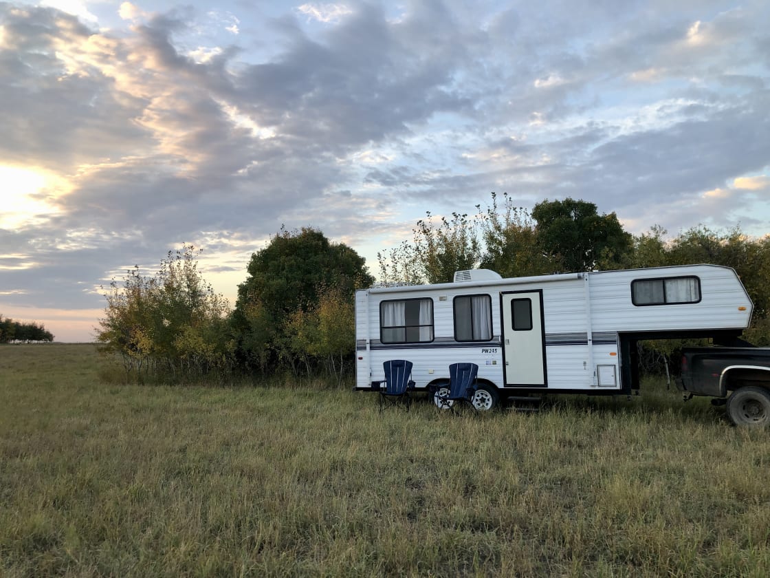 Park your RV or pitch your tent beside a bush in our sheep pasture or hay field. 
