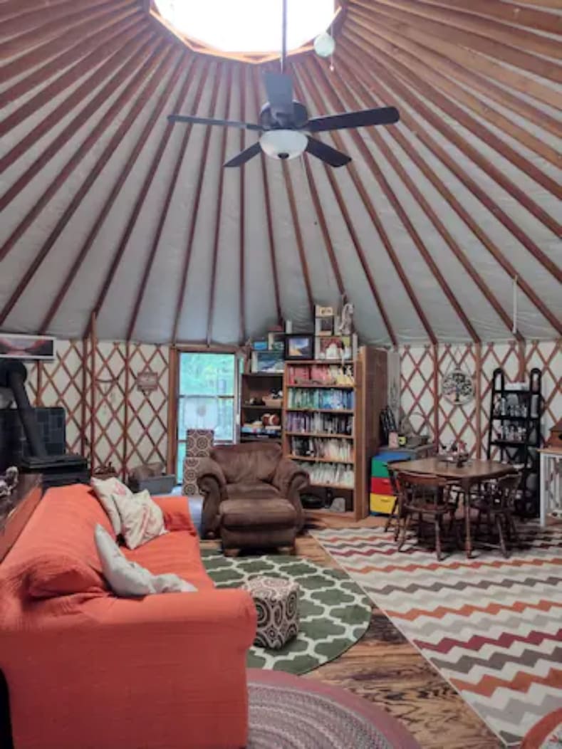 Newly added ceiling fan with light gives the yurt air movement and a warm glow at night. You still get the camping vibe, but with some added creature comforts. 