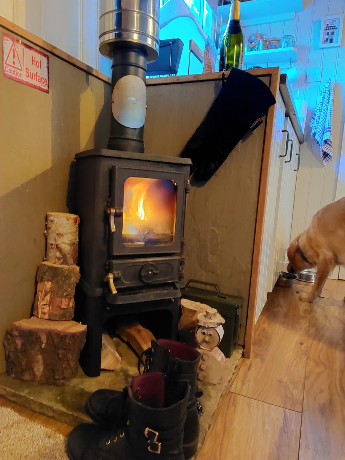 Log burner in hut