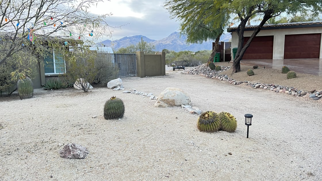 Side view of campsite with Catalina Mountain range