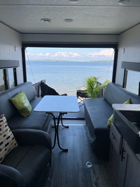 View from the inside trailer with deck and screen off.  If you put the deck up in the night or rain, then you won't have this view