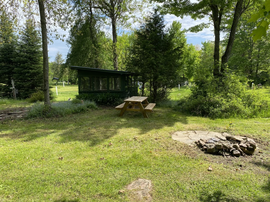 A nice secluded spot for one or two tents with a fire pit, picnic table and a screenhouse to get out of the rain or away from the bugs.