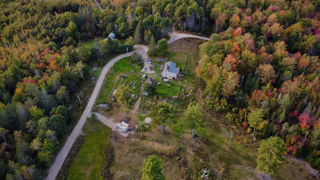 An aerial shot of our farm in autumn w the RV site at the bottom left