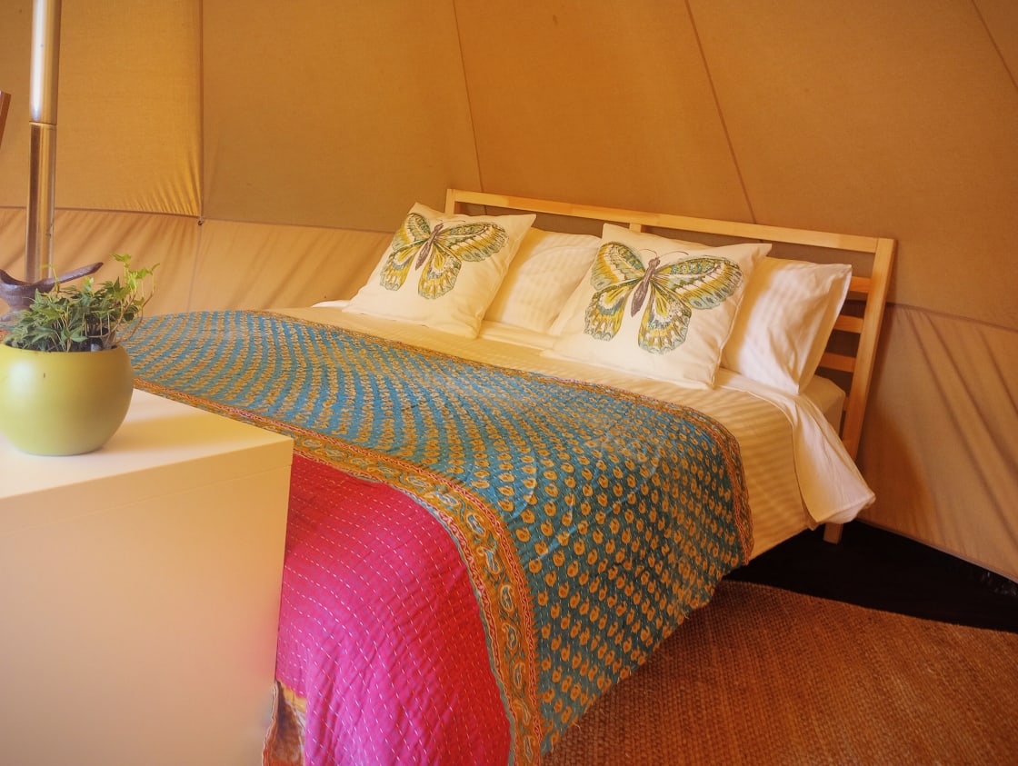 Main tent boast a full queen-size bed with Egyptian cotton sheets and season appropriate bedding.