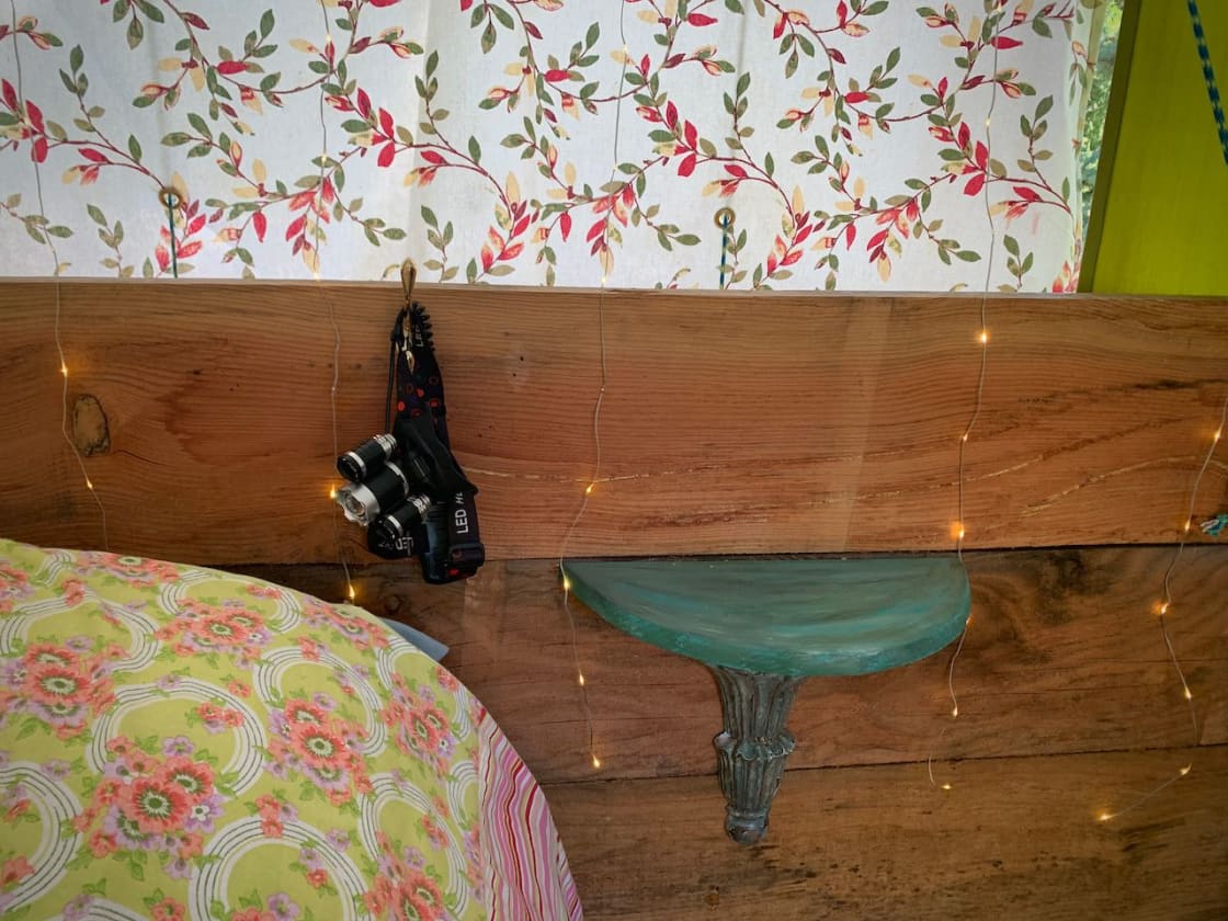 Bedside shelf, headlamp & fairy lights!