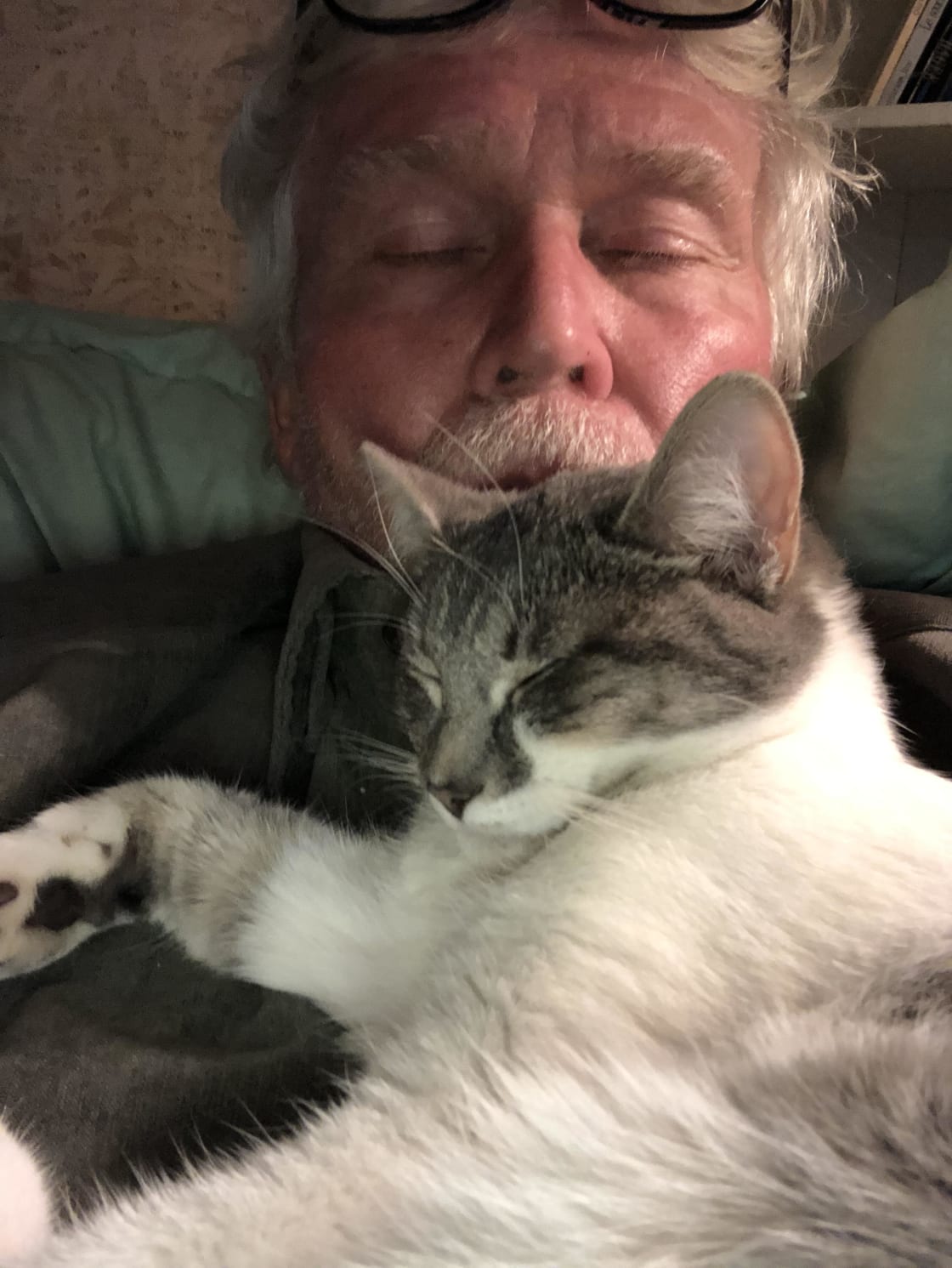 ZOOTHERAPHY  : TERRY AND HIS CAT AISHA NAPPING 