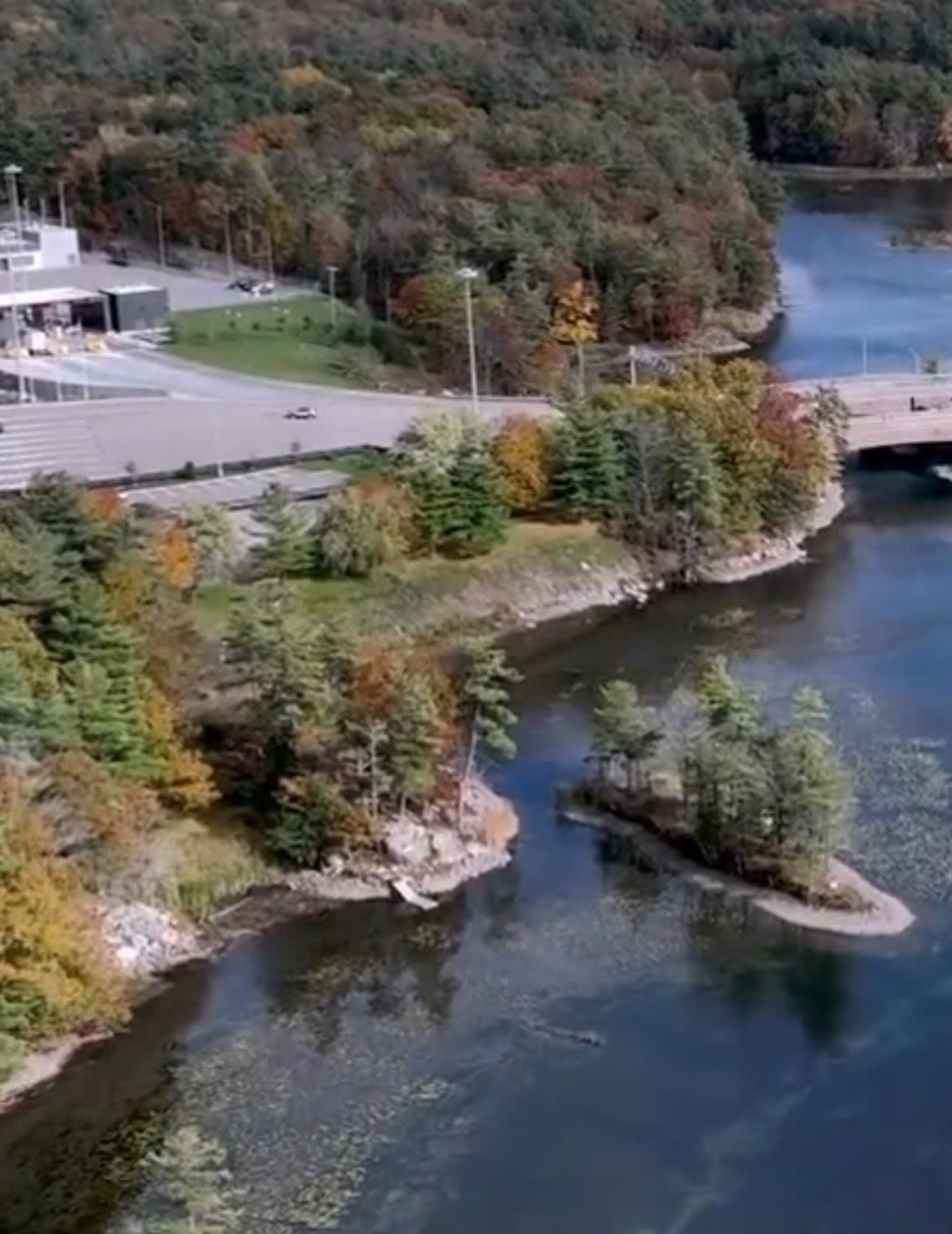 Aerial view of the islands. Spirit island on the left and Phantom island on the right with the Canadian customs in the background on Hill island