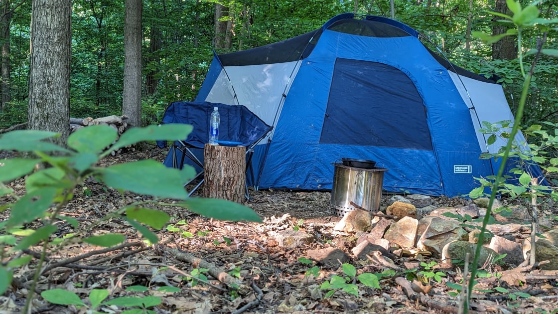 Tent camping with firepit