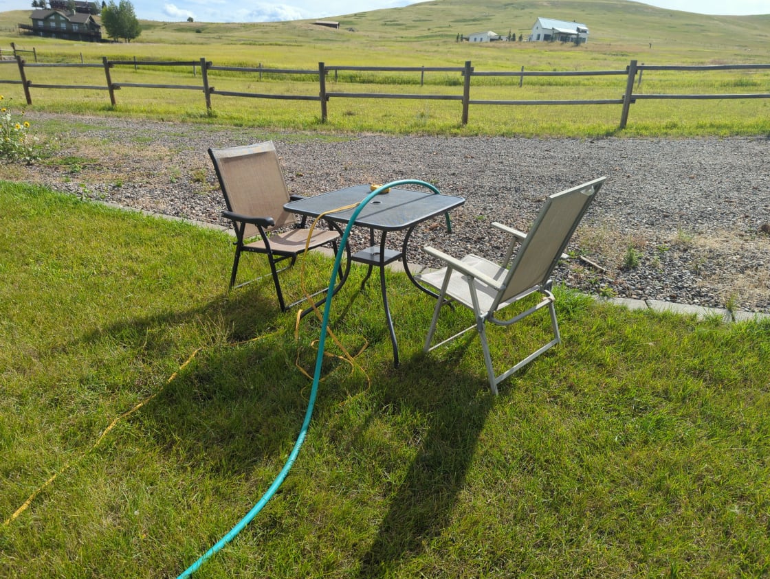 Provided, table, chairs, 110v power and potable water with non-portable garden hose for horses (bring your own portable hose)
