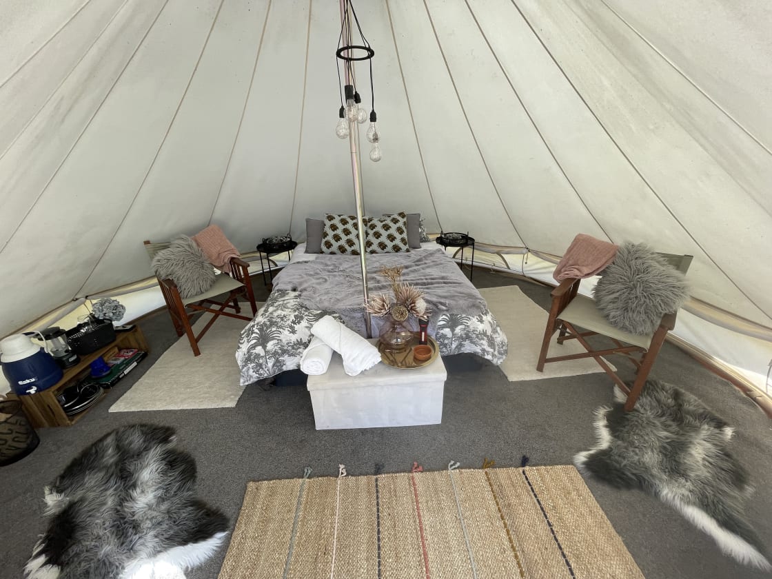 A roomy 5m inside the tent complete with Queen bed and luxury bed linen 