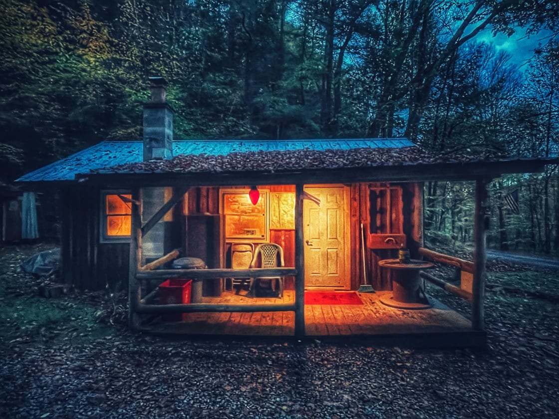 Cabin at night. 