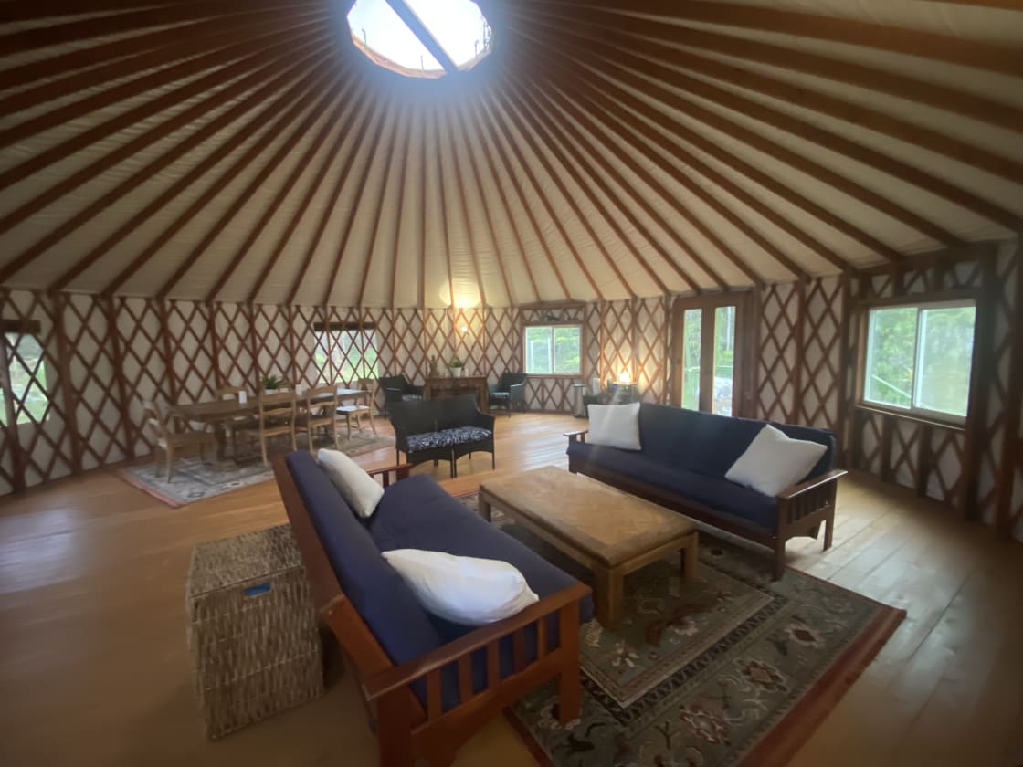 The yurt has two full-size futon beds (from Dragon Mama in Hilo, straight from Japan), but can easily sleep more people with sleeping bags.