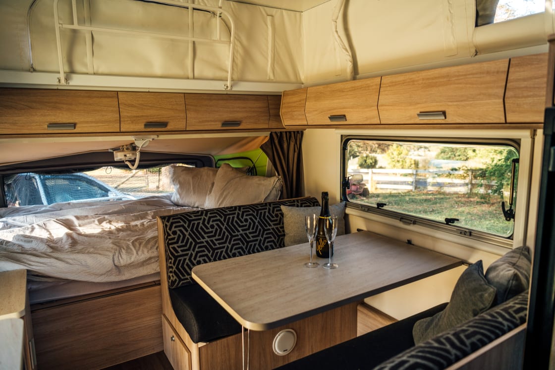 The double bed in the caravan.