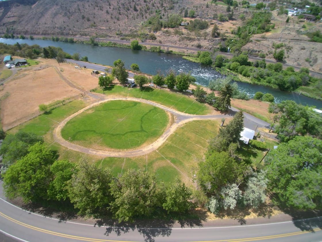Aerial view of our campground on the Deschutes River.