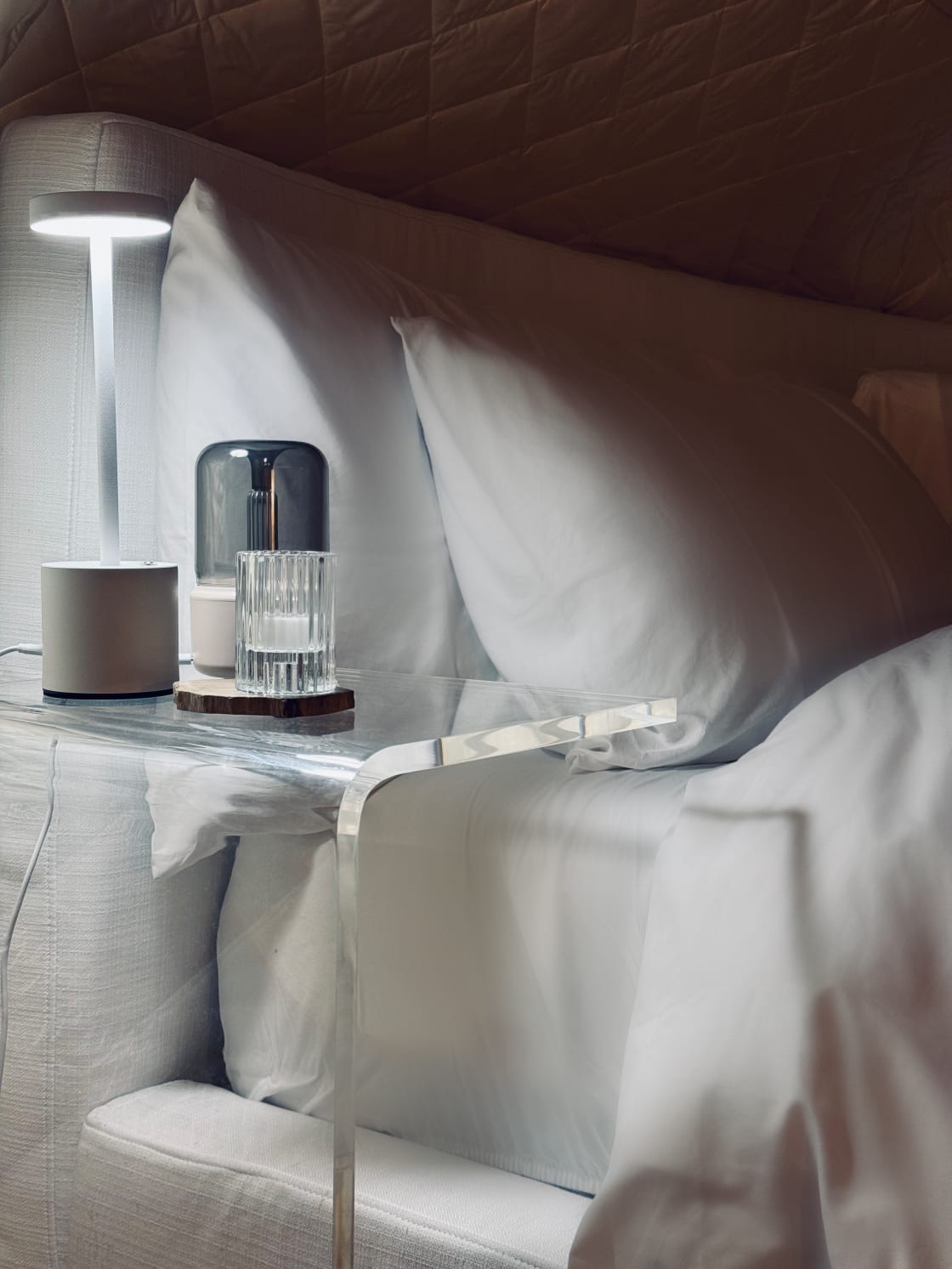 Nightstands + USB Chargers + Essential oil diffuser + Queen size bed + Organic soft linens 
