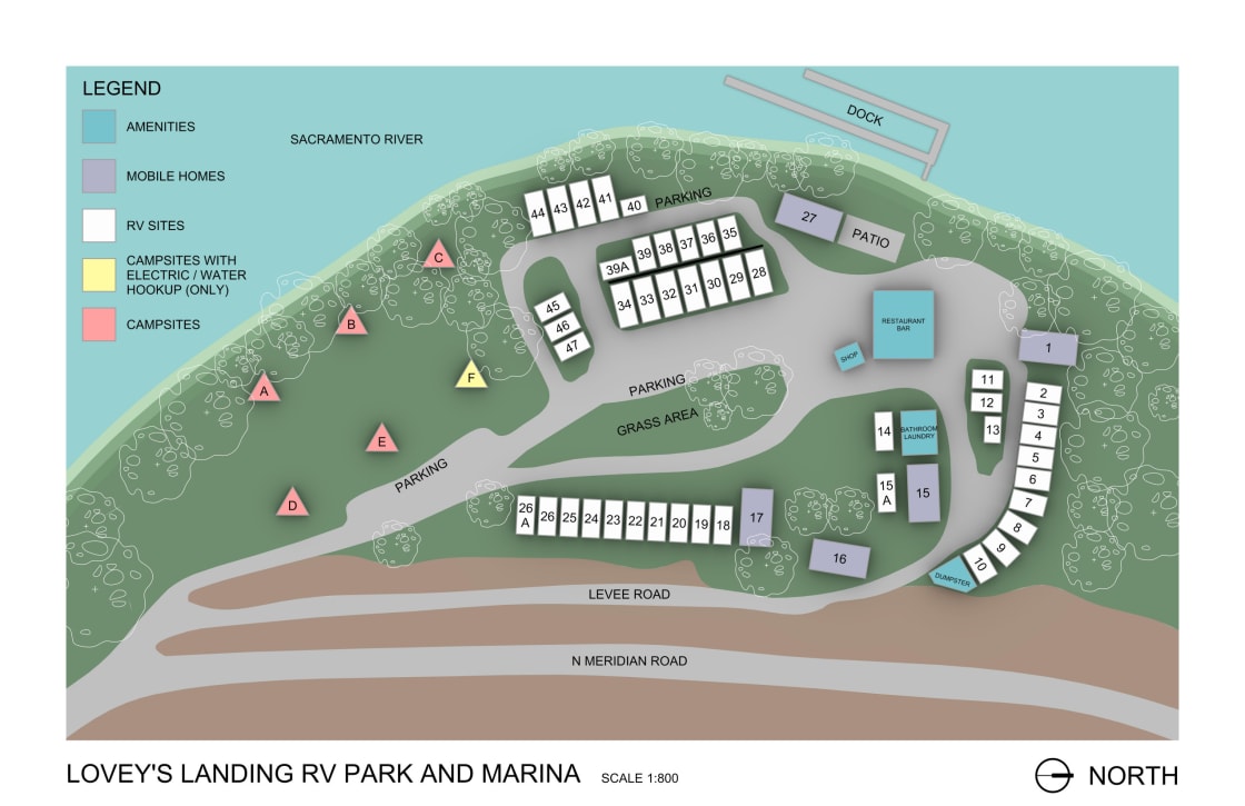 Lovey's Landing Park Map.  Tent spaces are  A through F.