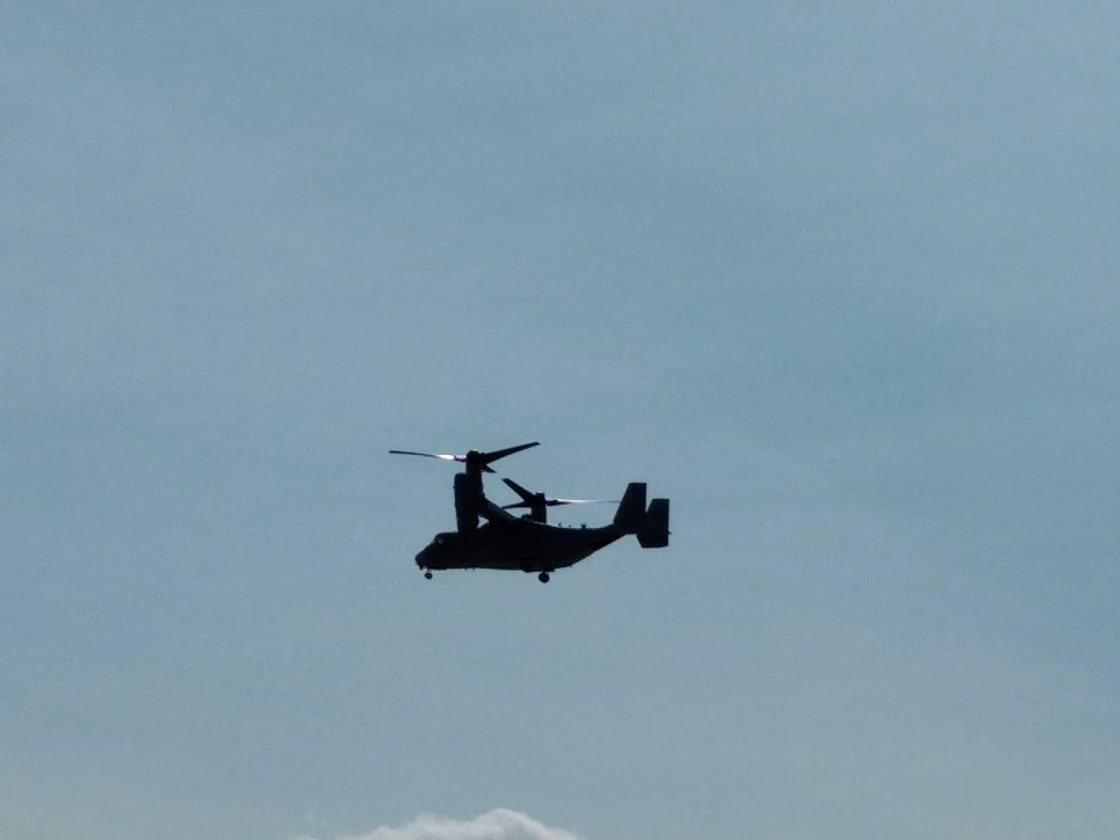 The Osprey is a regular participant during Airport the weekly 1-2 hour military maneuvering drills. View from the driveway.