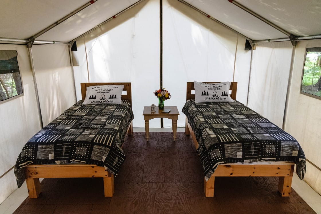 The Quarry tent can be configured as 2 twins or 1 king-sized bed.
