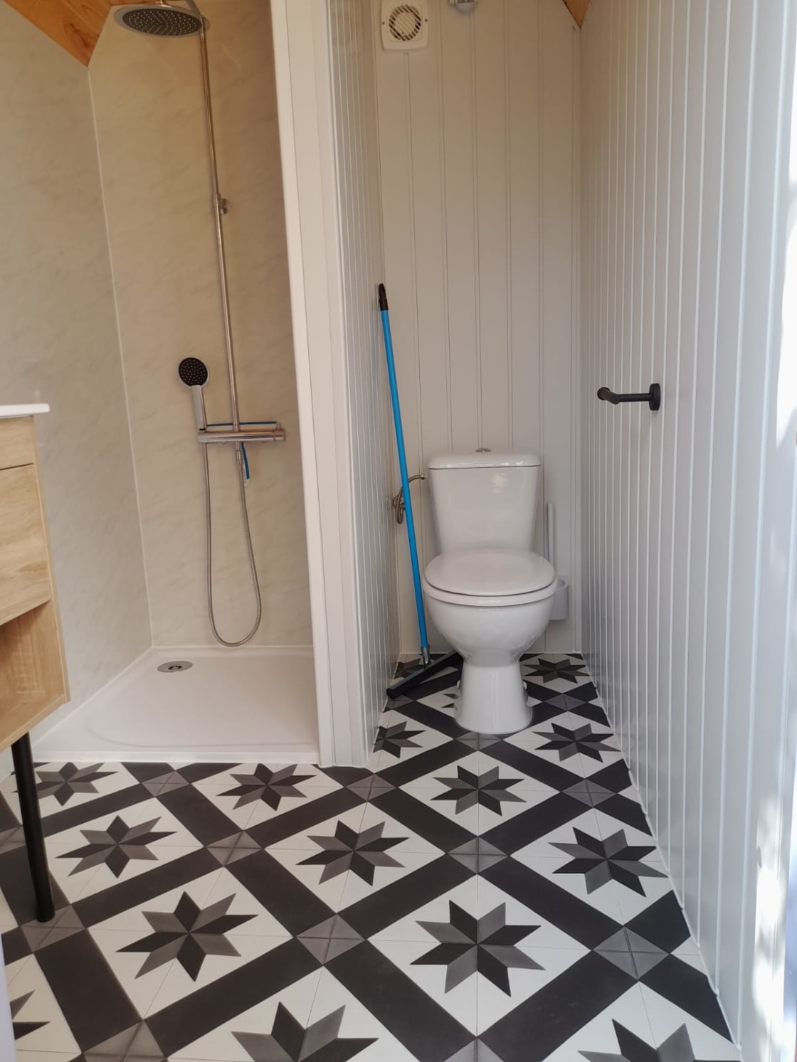 Interior of horsebox bathroom, shower, flushing toilet and sink
