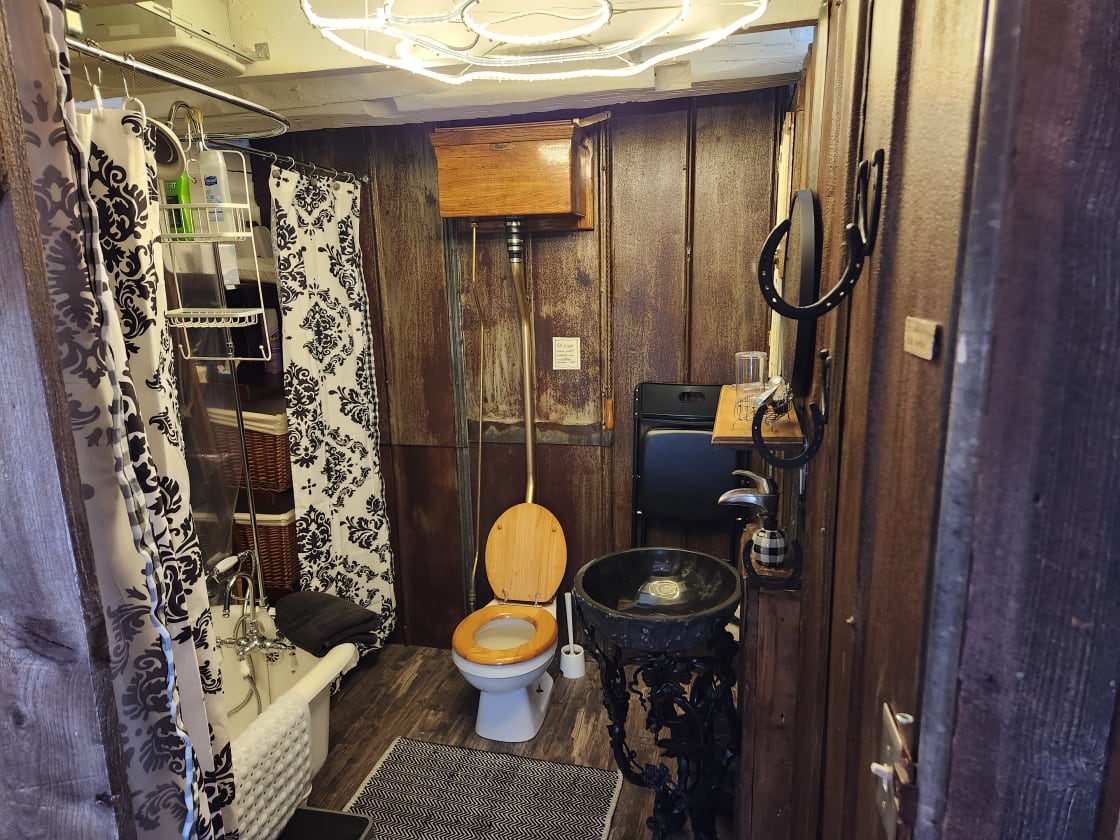 Full bathroom with a 1921 clawfoot tub/shower combination, high tank toilet, reclaimed and lacquered barn roofing for the walls.