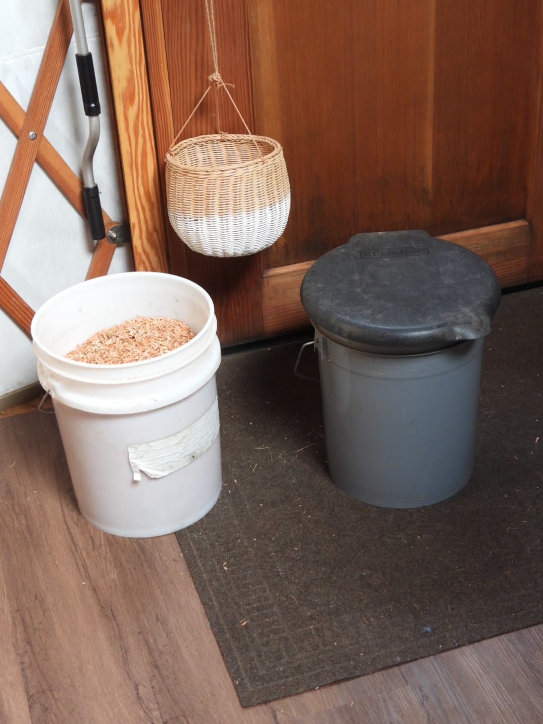 Simple sawdust composting bucket toilet.  

