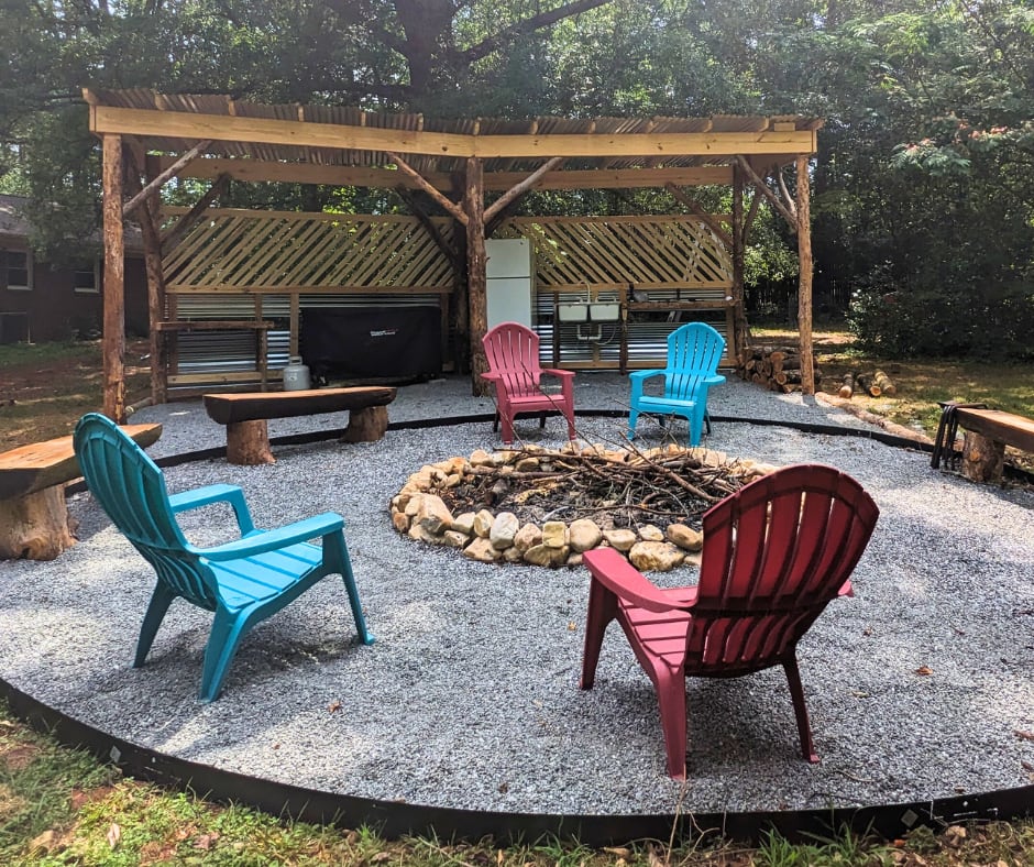 Community fire pit and kitchen.