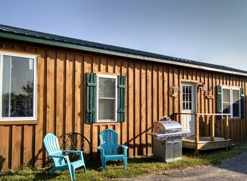 Stable-side fully equipped cabin. 1 bedroom, full bathroom, mini kitchen, gas grill, microwave, convection oven, full bed + twin bed. WiFi. No TV.