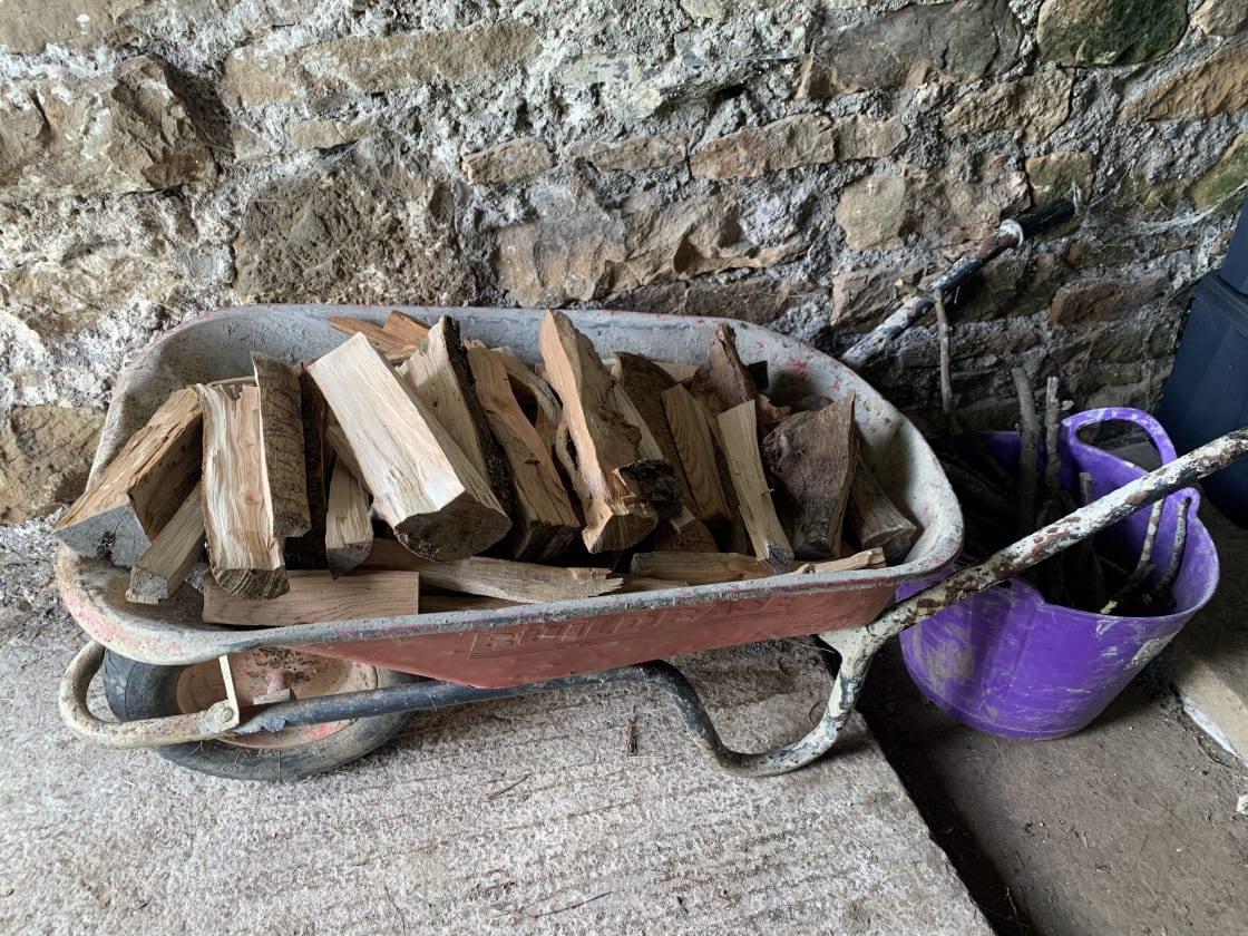 Every booking includes a wheelbarrow load of firewood. Further self-service loads are available up at the farmhouse for an additional fee. 