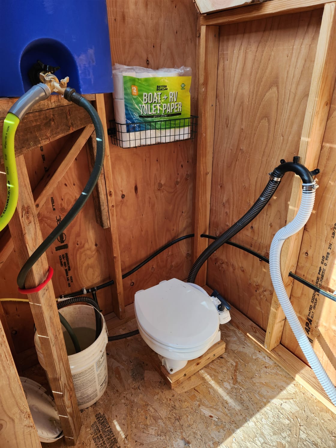 Community outhouse with hand pump flush toilet. Please ONLY flush provided fast dissolve toilet paper and no other wipes, paper, etc. Thanks! 