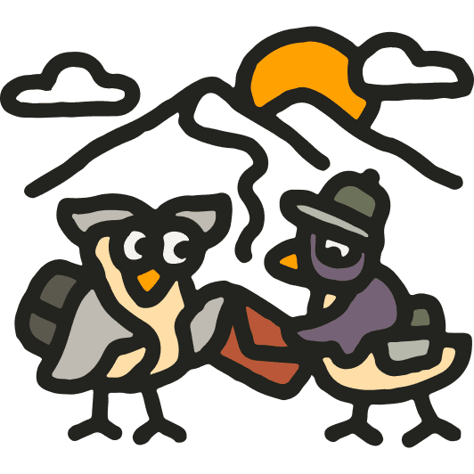 Graphic of an owl handing a carrier pigeon a note in front of a mountain (the carrier pigeon is a metaphor for hipcamp and the mail is a metaphor for a request to camp)