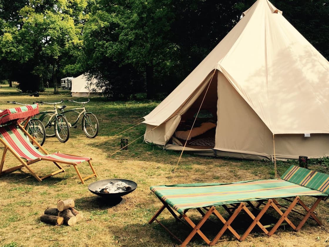 10 acres of blissful bell tent and gypsy caravan glamping near Thetford Forest in Norfolk.