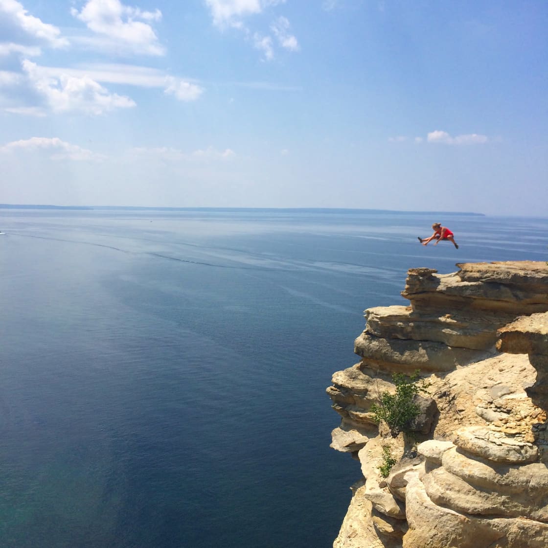 Putting my karate skills to use on some cliffs along Pictured Rocks 