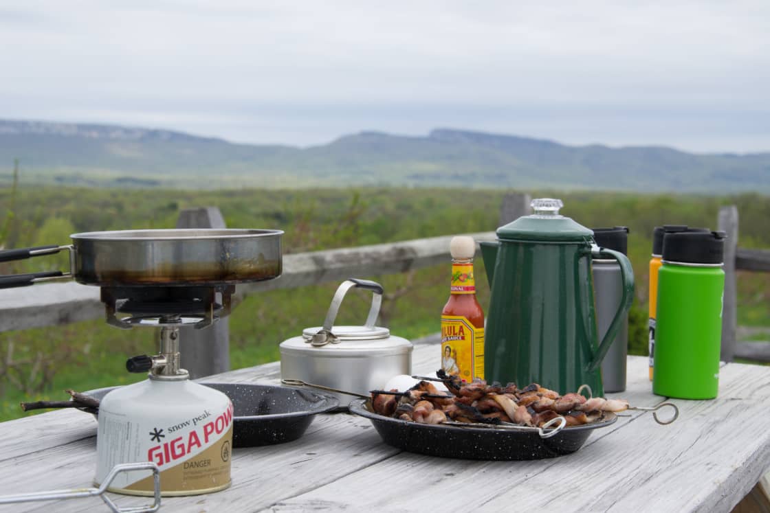 Bacon skewers, eggs, and coffee for breakfast. With a view like this, what more could you need? 